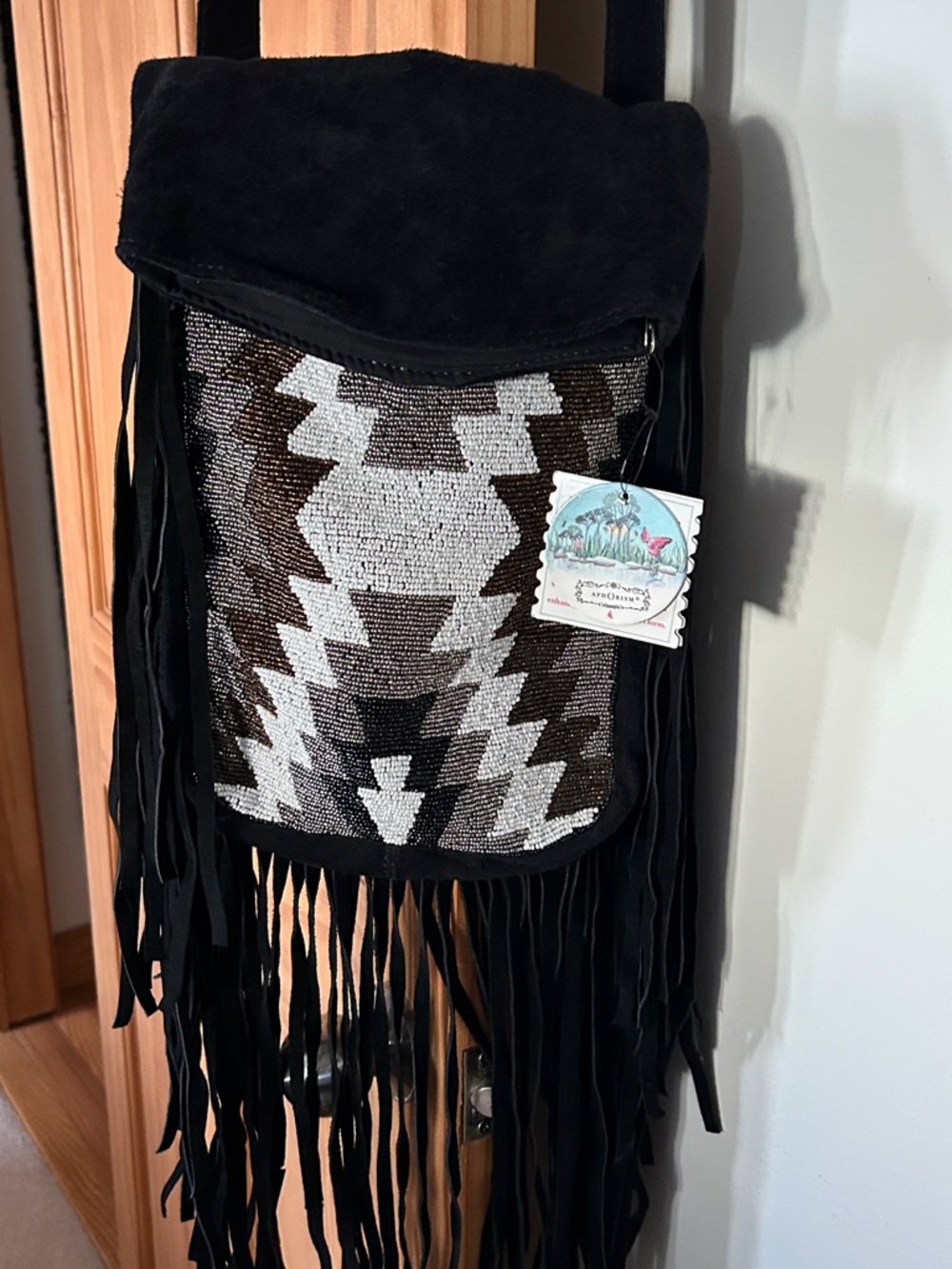 Aphorism Black Beaded Fringe Boho Suede Crossbody bag